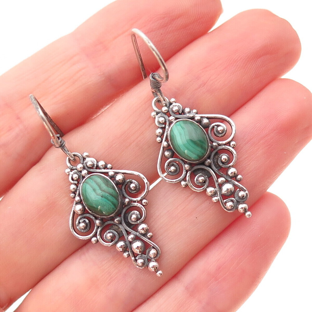 925 Sterling Silver Vintage Real Malachite Oxidized Beaded Dangle Earrings
